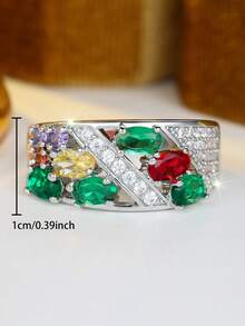 Vanel 1 buah Cincin Pernyataan Chic Berwarna Perak, Desain Gugusan Berbagai Batu Permata dengan Aksen Bening untuk Pemakaian Sehari-hari - Perak-Beraneka Warna - View 5