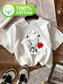 Talla Grande - Talla Grande - [Día de San Valentín] Jirafa Con Rosa Roja Talla Grande Camiseta Casual Estampada de Manga Corta y Cuello Redondo para Mujer - Blanco - Ver 2