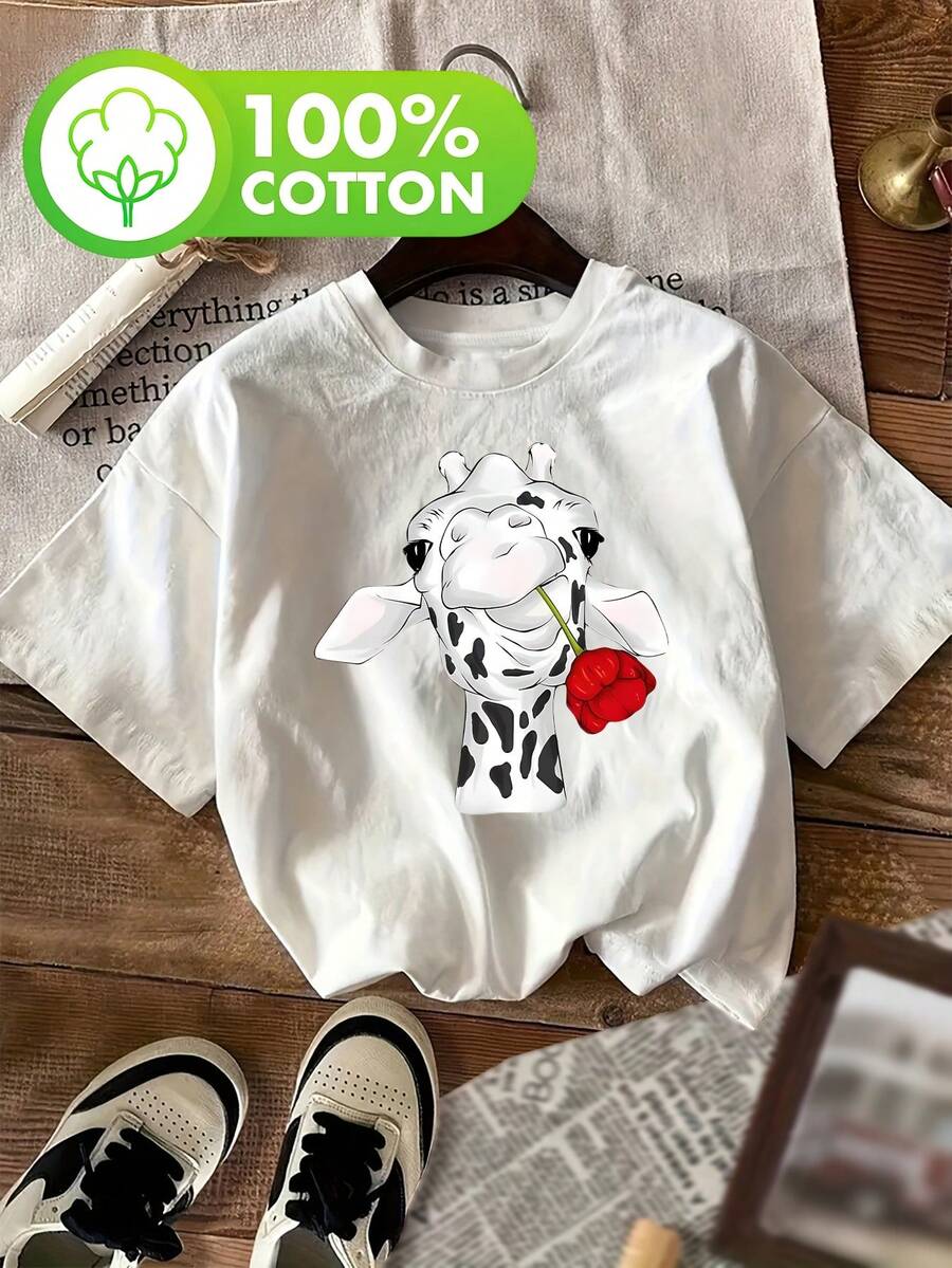 Talla Grande - Talla Grande - [Día de San Valentín] Jirafa Con Rosa Roja Talla Grande Camiseta Casual Estampada de Manga Corta y Cuello Redondo para Mujer