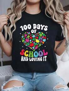 Camiseta Days Celebration, colorida, de cuello redondo suave, manga corta, con patrones brillantes de corazones y estrellas, perfecta para la diversión de primavera y verano. - Negro - Ver 6