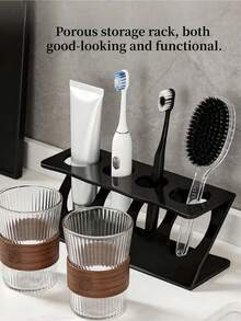 1pc Bathroom Countertop Toothbrush Holder, Available In White And Black, Multi-Functional Household Bathroom Accessory, Travel Toothbrush Holder And Desktop Organizer - Multicolor - View 3