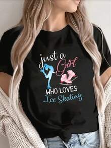 Women's Casual Blouse, Simple Style For Everyday Wear, Custom Short-Sleeved T-Shirt For Ice Sports Enthusiasts, Featuring The "Fall In Love With Ice Sports" Design, Perfect For Casual Wear At Home Or Outdoors, Lightweight And Durable, A Great Gift For Fans And Suitable For Both Men And Women. Comfortable, Soft, And Simple Short-Sleeved T-Shirt For Everyday Wear. - 黑色 - 查看 1