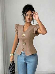 Elenzya Cárdigan de mujer elegante con decoración de hebilla metálica de unicolor y mangas abullonadas, blusa refinada de mujer - Marrón - Ver 4