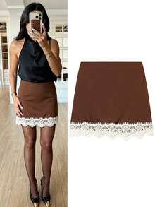 Women's Black Lace Mini Skirt Shorts, Suitable For Spring And Summer Outfits - Coffee Brown - View 1