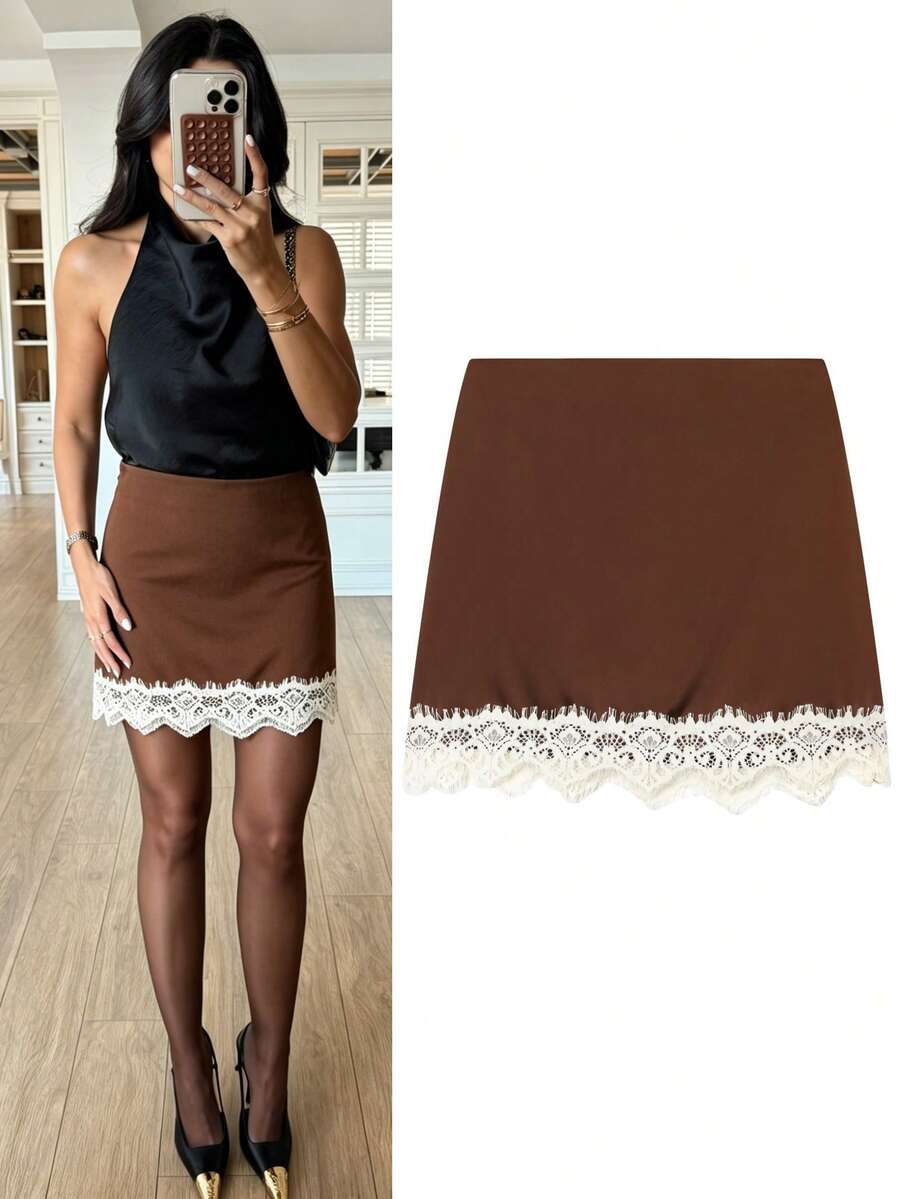 Women's Black Lace Mini Skirt Shorts, Suitable For Spring And Summer Outfits - Coffee Brown - View 1