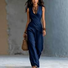 Conjunto Casual de Oficina Estilo Europeo Americano 2026, Top Cruzado Cuello V y Pantalones Simples para Mujer - Azul marino - Ver 3