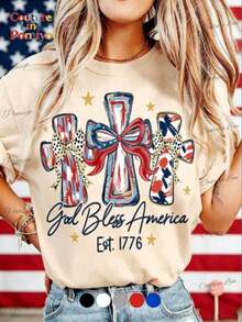 Camisetas gráficas para la celebración del 250º aniversario de la América, camiseta de cuello redondo, camiseta con la frase "God Bless America", camiseta de regalo para el 250º aniversario de la USA, camiseta unisex para el Día de la Independencia, 4 de julio, estilo casual, cuello redondo, corte regular, 100% algodón, camiseta con diseño 1776, camiseta conmemorativa del Día de la Independencia Patriótica. - Albaricoque - Ver 8