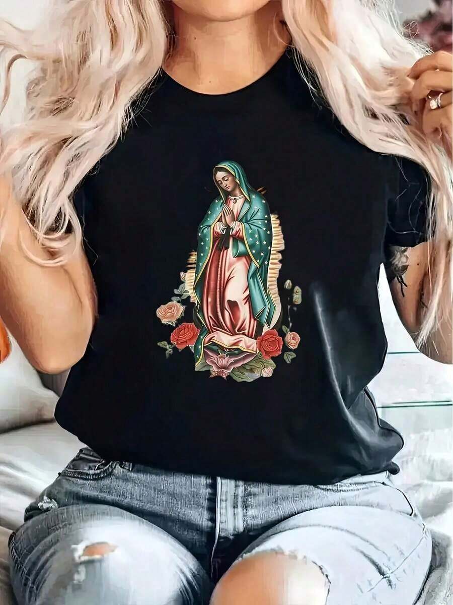 Women's Virgin Mary Graphic Print T-Shirt, Casual Short Sleeve Crew Neck Floral Design T-Shirt, Black Summer And Spring T-Shirt, Relaxed Fit T-Shirt, Artistic Casual Wear, Themed Clothing - 黑色 - 查看 1