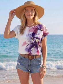 Blusa casual con estampado floral, cuello redondo y mangas tipo murciélago para mujer, blusa floral azul, blusa floral azul y blanca, blusa floral, blusa floral para mujer, blusa de verano, blusas elegantes para mujer, casual - Multicolor 5 - Ver 3
