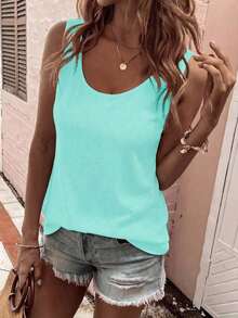 LUNE La nueva moda primavera y verano, chaleco casual de cuello redondo a rayas azul y blanco con cuello profundo rojo en contraste - Verde 2 - Ver 5
