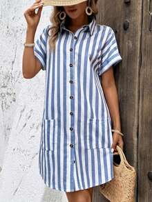 Vestido camisero de rayas azules y blancas rastreable de algodón para mujer - Azul y blanco - Ver 6
