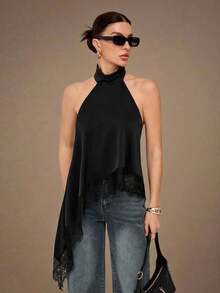 2026 Tall Backless Camisole Top With Elegant Lace Trim, Sexy Patchy Satin Sleeveless Blouse For Parties, Cocktails, Formal Occasions, Christmas, Business Casual - 杏色 - 查看 9