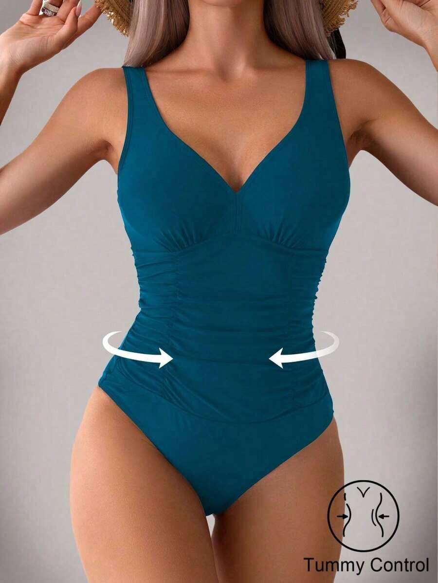 Traje de baño de una pieza con espalda descubierta y unicolor, adecuado para vacaciones en la playa - verde oscuro - Ver 1