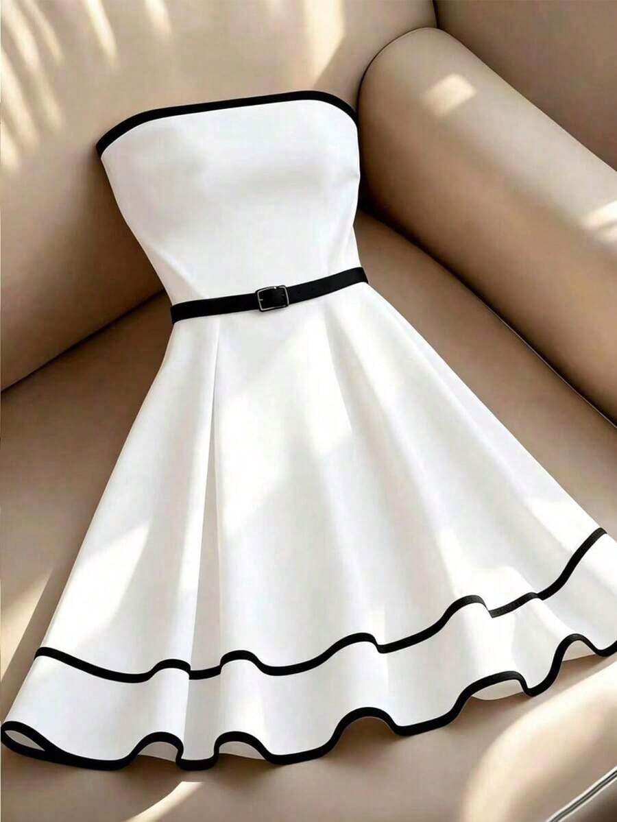 Vestido elegante sin tirantes con estampado floral y ribete de contraste para mujer - Blanco - Ver 1