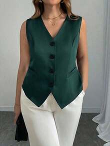 elegante de talla grande de un solo botonadura y ajustado, negro - Verde Oscuro - Ver 3