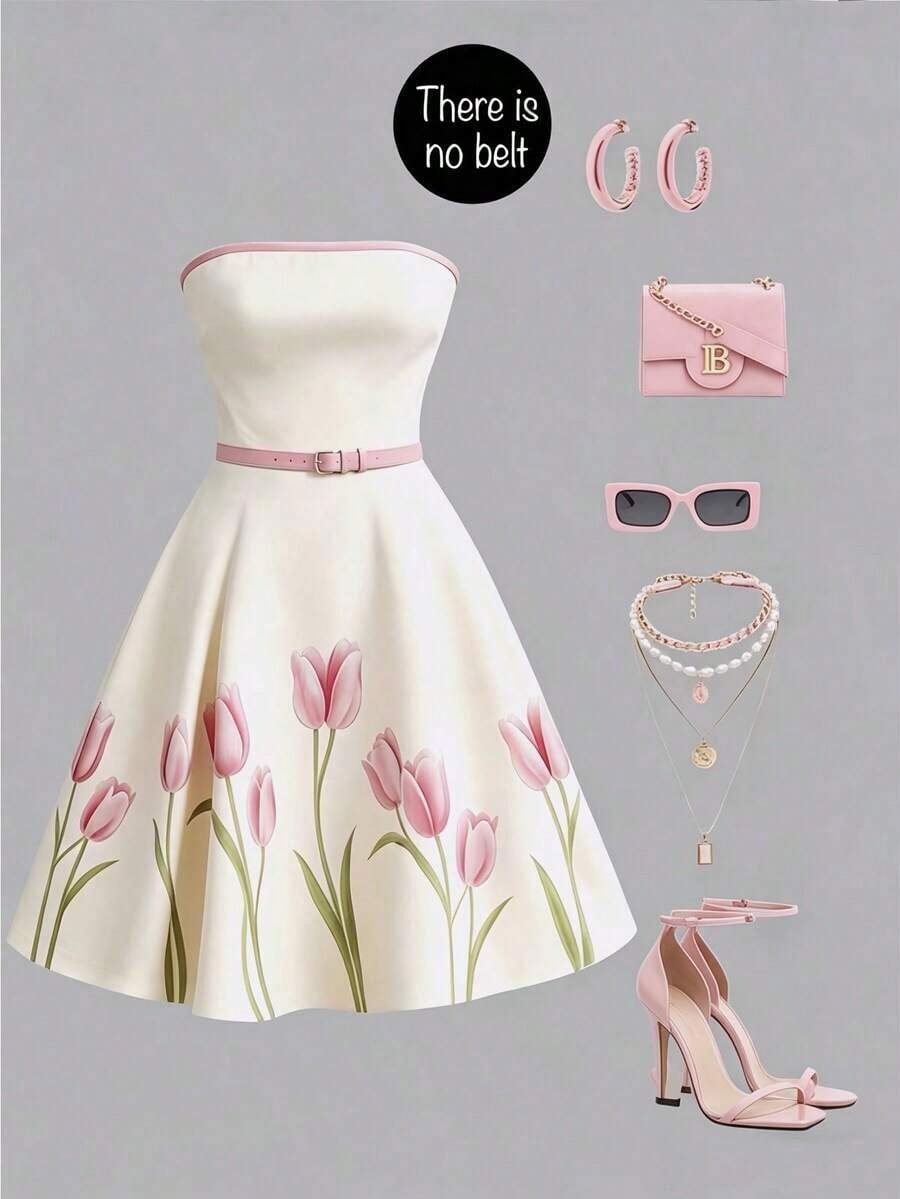 Vestido elegante sin tirantes con estampado floral y ribete de contraste para mujer - Blanco y Negro - Ver 1