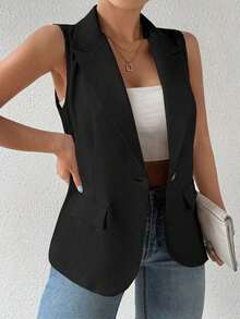 informal sin mangas con cuello francés y botones de unicolor para mujer de talla grande - Negro - Ver 4