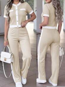 Conjunto de ropa casual para mujer, diseño de bolsillo falso con botones de color contrastante, cuello redondo, manga corta, emparejado con pantalones cómodos de cintura alta y drapeado, elegante para primavera/verano - Albaricoque 71 + Blanco - Ver 4