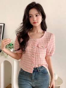 Blusa de manga corta para mujer con tejido texturizado y cuello redondo para verano, tops cortos para mujeres - Rosa - Ver 7