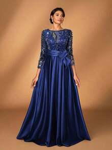 y lujoso vestido de manga larga transparente con bordado de encaje floral, con perlas y lazo con diamantes, con vuelo.Adecuado para boda, fiesta, vacaciones, baile de graduación, vestido de noche para novia, madre de la novia - Azul marino - Ver 7