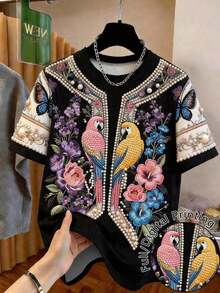 Camiseta de mujer de manga corta con cuello redondo, estampado de rayas arcoíris, estilo casual de vacaciones de verano - Multicolor 5 - Ver 4