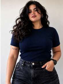 Basic T-Shirt With Round Neck, Short Sleeves, Ribbed Knit, Premium Style, Casual Everyday Wear, Comfortable, Plus Size 012 - Azul Marino - Ver 1