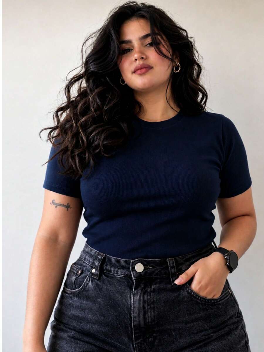 Basic T-Shirt With Round Neck, Short Sleeves, Ribbed Knit, Premium Style, Casual Everyday Wear, Comfortable, Plus Size 012 - Azul Marino - Ver 1