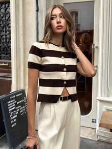 Blusa de punto de manga corta con rayas de color contrastante para mujer - Multicolor 3 - Ver 3