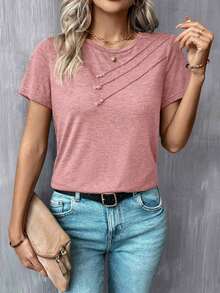 Camiseta casual de mujer con cuello redondo y detalle de botones - Rosa vieja - Ver 5