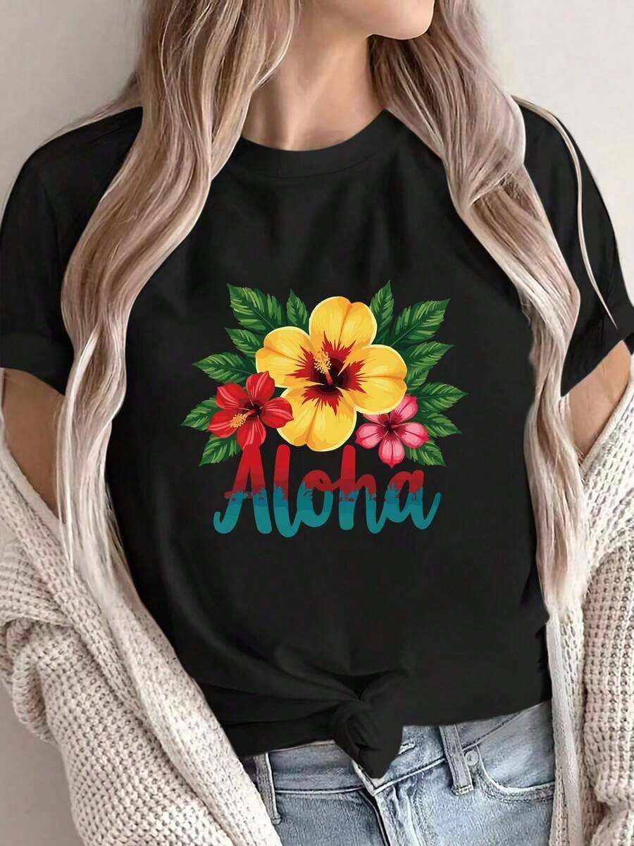Camisetas ligeras con estampados florales y de letras a la moda, camiseta casual de manga corta y cuello redondo, ropa de mujer, ropa de mujer de talla estándar, 100% algodón, opción popular. - Negro - Ver 1