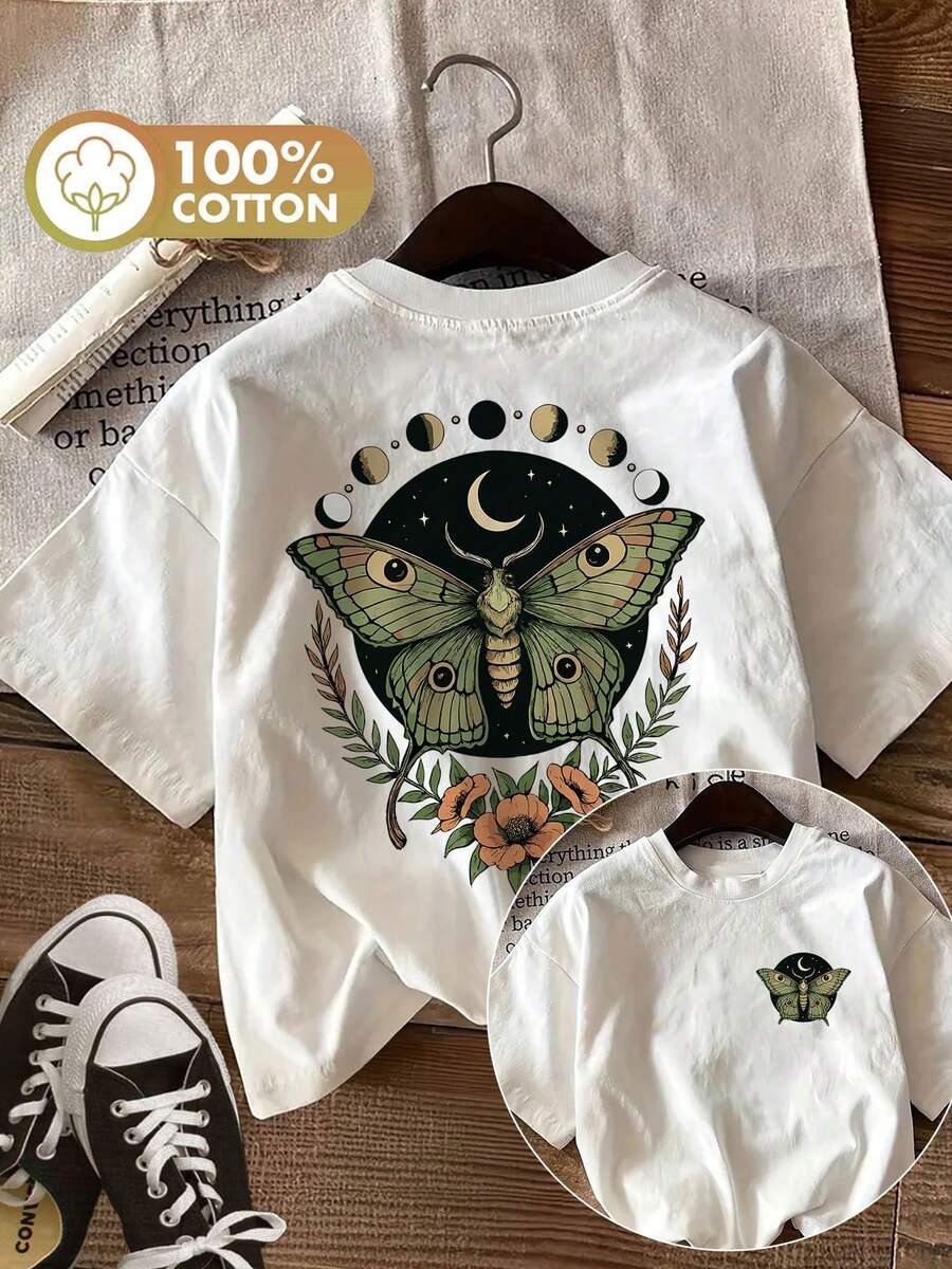 Women's Casual Summer Top With A Double-Sided Print Featuring A Mysterious Theme, Butterflies, And Phases. Short-Sleeved, Round-Neck T-Shirt. - [白色的] - 查看 1