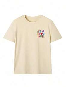 Camiseta de mujer de manga corta con cuello redondo y estampado de lema colorido, nuevo estilo de verano, adecuado para uso diario, vacaciones, camiseta gráfica de mujer, blusa blanca de mujer - amarillo claro - Ver 4