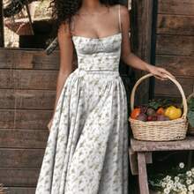 Women's Beige Corset Spaghetti Strap Midi Dress, Sweetheart Neck A-Line Flare Dress, Elegant Bridesmaid & Wedding Guest Dress - 24586-綠色碎花 - 查看 1