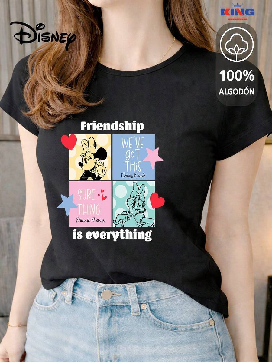 Women's T-Shirt Made Of 100% High-Quality Cotton. This T-Shirt Guarantees Exceptional Softness To The Touch, A Round Neck With A "Disney Minnie & Daisy Friendship" Print, And Short Sleeves. - 黑色 - 查看 1