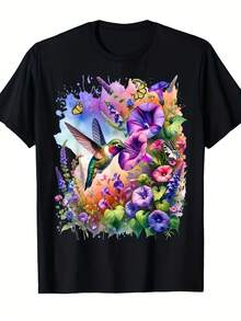 Camiseta de hombre con estampado de colibrí de garganta roja y mariposa de flores silvestres - Camiseta de estilo callejero vintage con estampados florales brillantes y coloridos, suave y transpirable, de manga corta y cuello redondo, adecuada para salidas informales, disponible en tallas grandes y extra grandes. - Negro - Ver 6