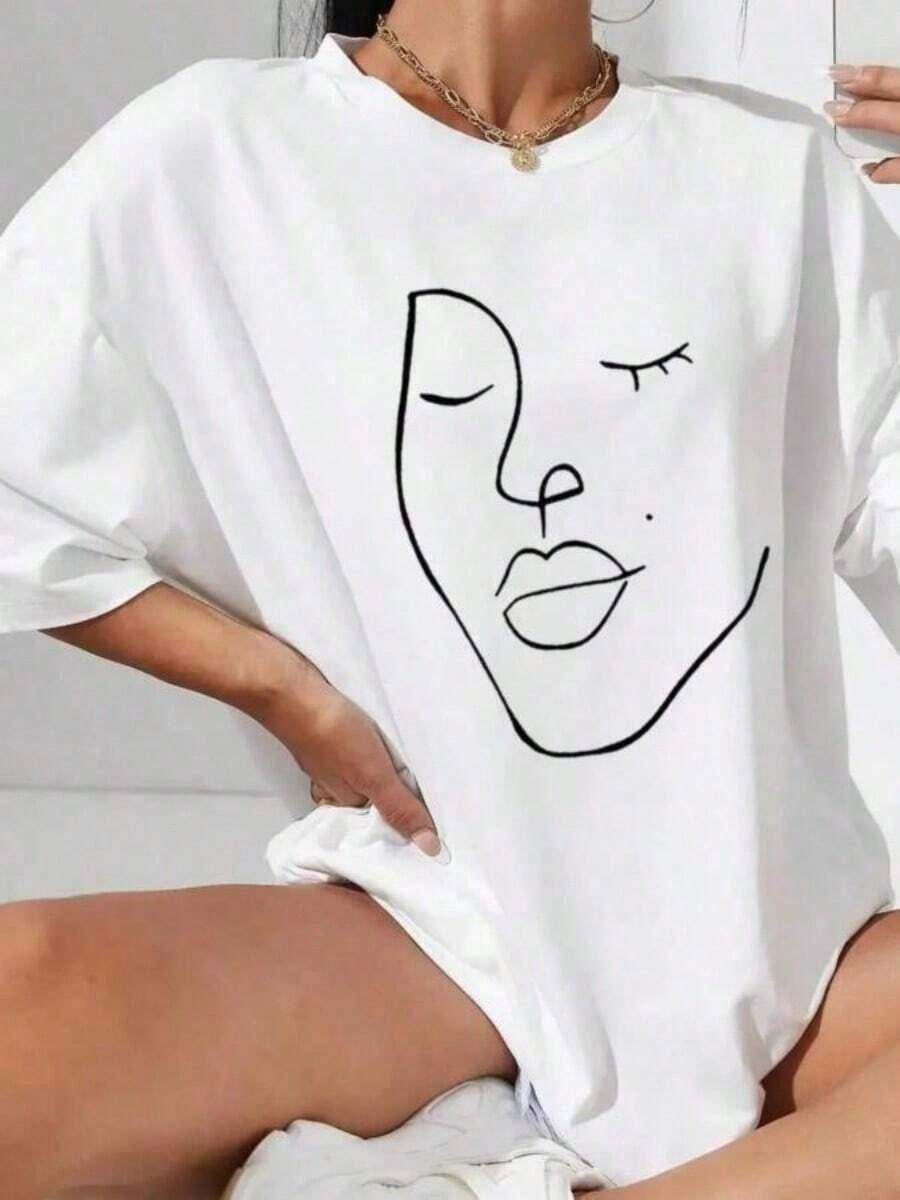 Camiseta de Mujer con Estampado de Líneas Simples Navideñas, Camiseta Casual de Manga Corta, Suave, Holgada y Cómoda, de Algodón Puro - Blanco - Ver 1