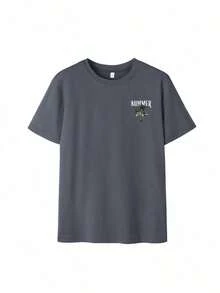 Nueva Camiseta de Verano para Mujer, Casual, de Cuello Redondo, Color Camel, Manga Corta, con Estampado Minimalista de Cocotero y la Letra "SUMMER", Versátil y a la Moda, Adecuada para el Ocio Diario y Vacaciones de Primavera. - Gris Oscuro - Ver 3