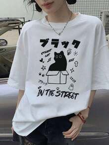 Nueva Camiseta de Verano para Mujer, Blanca Pura, con Estampado de Gato Japonés, Cuello Redondo, Casual, de Manga Corta para Adolescentes - Blanco - Ver 2