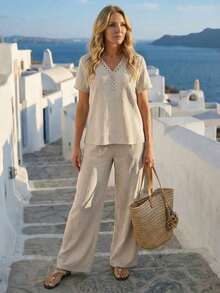 Faunlyn Conjunto de 2 piezas de camisa y pantalones de unicolor casual de vacaciones para mujer - Azul lavado medio - Ver 7