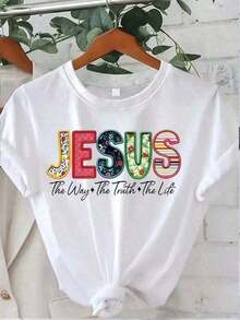 "Jesús es el camino, la verdad, la vida" Camiseta cristiana con diseño floral y versículo bíblico para mujer, blanca, 100% algodón, cuello redondo, manga corta, diseño de letras brillantes, lavable a máquina, perfecta para la iglesia, Pascua, Halloween y el Día de Acción de Gracias, tela suave y cómoda, tallas S-XXXL. Adecuado como regalo.playera de mujer.blusas>elegante.boho chic,Top de mujer suave, transpirable y cómodo, ideal para primavera, verano y otoño, perfecto para vacaciones, viajes y uso diario. - Blanco - Ver 5