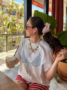 Women's Tropical Shell Print Casual T-Shirt - High Elasticity Top,Summer Beachwear, All-Season Comfortable Fit, Vacation Outfits For Women - 白色2 - 查看 2
