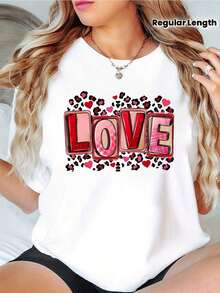Women's Valentine's Day T-Shirt - Casual Crew Neck - Design With The Word LOVE And A Pink Leopard Heart Print - Polyester Knit Fabric - Short Sleeves - Regular Length - Medium Stretch - All-Season T-Shirt - 1 Piece - 白色 - 查看 1