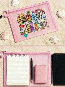 時尚女款網格化妝包，印有「Summer Letter」圖案 - 夏季必備。多功能護膚包、旅行盥洗包、便攜式化妝包、沙灘包、宿舍用品；適用於辦公室、學校、度假、派對，非常適合生日禮物、旅行紀念品、節日禮物、婚禮配件 - 彩色 - 查看 10