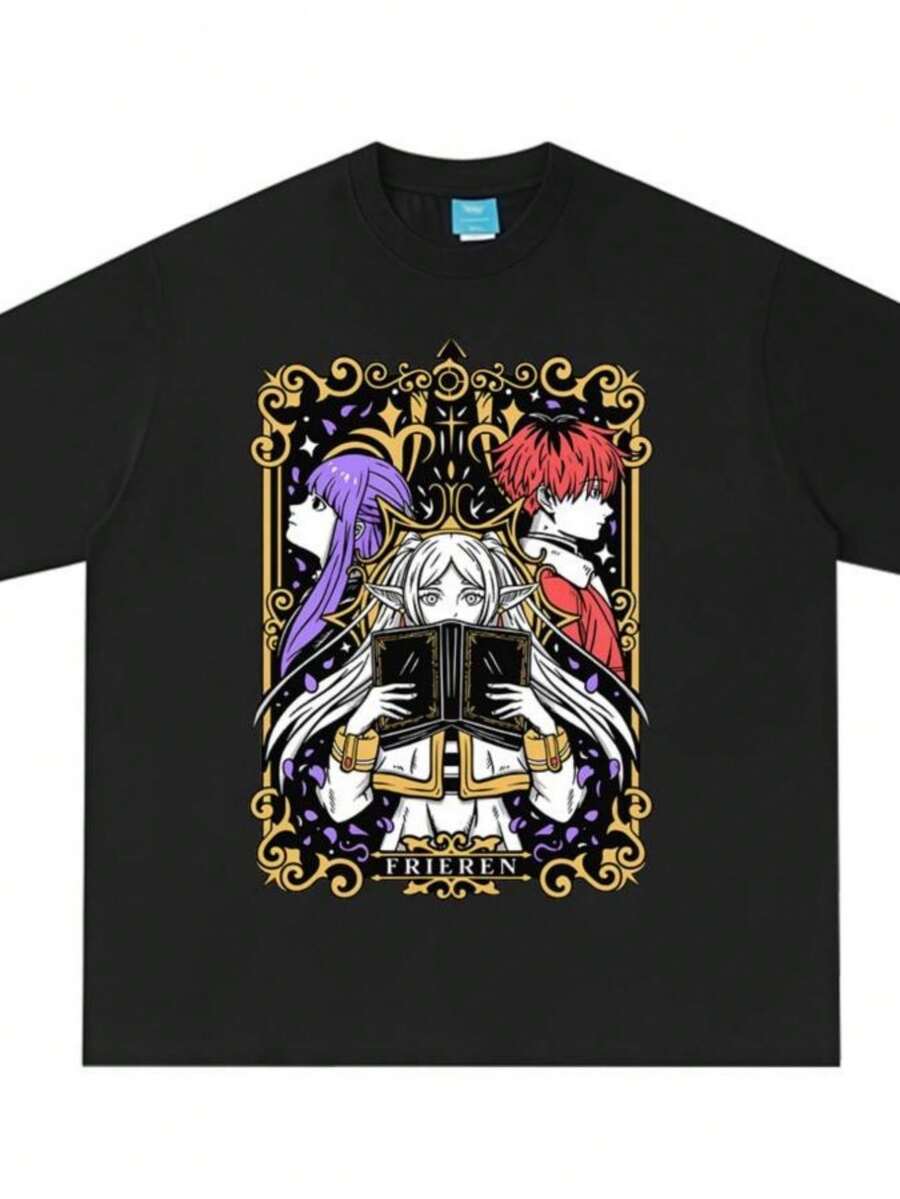 playeras de mujerAnime Frieren Beyond Journey's End T Shirt Frieren Fern Stark Graphic T-shirt Men Women Clothing Short Sleeve Cotton T-shirts - Negro - Ver 1