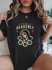 Camisetas Para Mujer AlgodónCamiseta cómoda de algodón con diseño celestial y estampado floral, ideal para el verano y mujeres modernas, disponible en tallas grandes y color negro, categoría moda femenina,  de moda casual. mundial 2026 - Negro - Ver 6