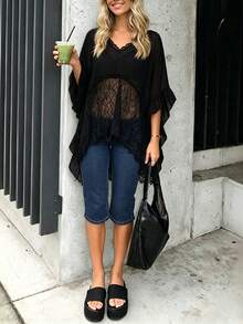 Women Sheer Poncho Tops Oversized Batwing Sleeve Blouse Contrast Lace See Through Mesh Cover Up Ruffle Flowy Boho Shirts - Black - View 4
