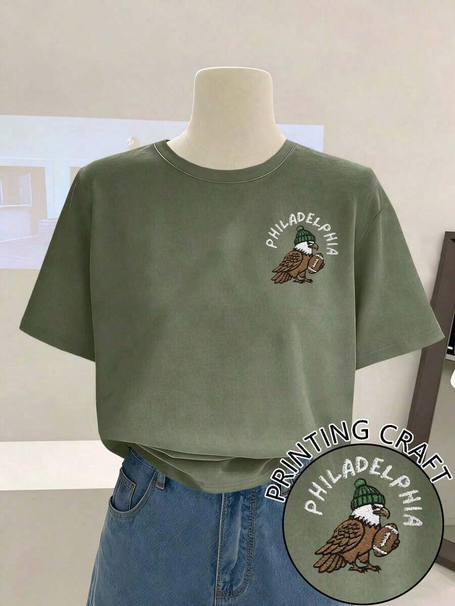 Women's Round Neck And Drop Shoulder T-Shirt, Minimalist And Fashionable, Ideal For Summer - 橄欖綠 - 查看 1