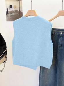 1 pieza Chaleco sin mangas de punto de unicolor con cuello redondo corto, diseño asimétrico con botones, accesorio de moda, chaleco versátil de punto para el verano - Celeste - Ver 2