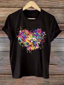 Heart Print T-Shirt, Short Sleeve, Round Neck, Casual Top For Spring And Summer, Women's Clothing. - 黑色 - 查看 6