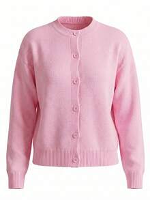 Women's Minimalist School Style Solid Color Round Neck Ribbed Front Button Casual Versatile Long Sleeve Soft Girl Pastel Pink Cardigan Sweater Macaron Color Cozy Knitwear - Pink - View 6